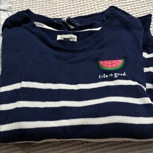 Life Is Good Navy & White Striped Kids Sweater with Watermelon Patch